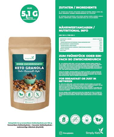 Simply Keto Knusper Granola Salted Caramel Lower Carb*alternative to muesli without added sugar 250 g sweet keto granola for a perfect breakfast paleo and vegan soy lactose and salt caramel 250 g 1er Pack - Buy Online on GoSupps.com