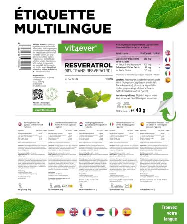 Resv ratrol - 520 mg par g lule - 98% trans-resv ratrol de l'extrait de racine de renou e du Japon 100:1 + pip rine pour une biodisponibilit optimis e - 60 g lules - Hautement dos - Vegan - Buy Online on GoSupps.com
