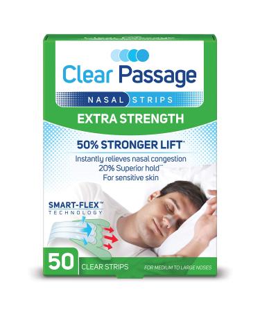 Clear Passage Nasal Strips, Clear Extra Strength, 50 Count | Works Instantly to Improve Sleep, Reduce Snoring, & Relieve Nasal Congestion Due to Colds & Allergies 50 Count (Pack of 1)