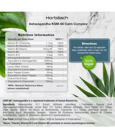 Ashwagandha KSM-66 Calm Complex 5000mg | High Strength with B Vitamins (B1 B2 B3 B6 & B12) and Amino Acids | Formula for Men & Women | 60 Vegan Capsules | Horbaach - Buy Online on GoSupps.com