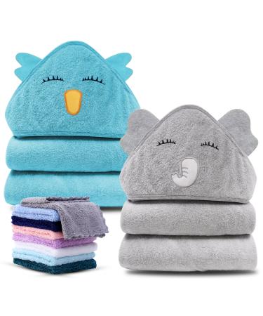Cute Castle 2 Pack Bamboo Hooded Baby Towel 8 Washcloths - Soft Bath Towel for Bathtub for Newborn, Infant - Ultra Absorbent, Natural Baby Stuff for Boy and Girl (Lovely Elephant, Happy Bird) Elephant and Bird
