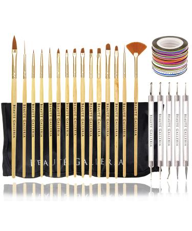 Beaute Galleria Bundle 50 Pieces Nail Art Tool Kit with Pouch - 5 Pieces Dotting Tool Marbleizing Pen (10 Sizes), 15 Pieces Acrylic Gel Detailing Painting Brushes Liners, 30 Pieces Striping Tapes