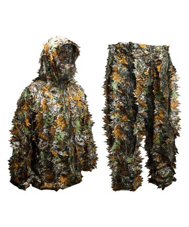 ZORVEM Ghillie Suit, 3D Leafy camo Hunting Clothes for Kids/Youth/Teen,Camoflauge Clothing for Jungle Hunting, Shooting, Airsoft, Wildlife Photography Large