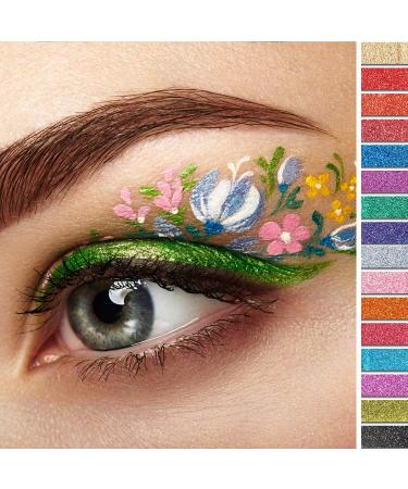 16 Colors Holographic Nail Glitter Sequins Powder Set with Brushes - Festival Cosmetic Glitter for Face, Body, Eyes, and Hair - Buy Online on GoSupps.com