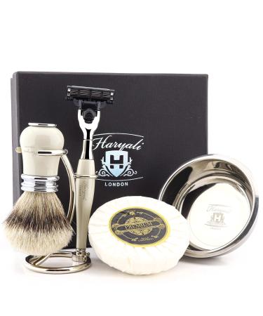 Haryali London Men's Shaving Set with 3 Razors Silver Tip Shaving Brush Stand Soap and Bowl Ivory