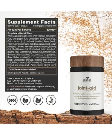 AKSHAR Ayurveda - Joint Aid - Indian Herbal Joint Support Supplement for Occasional Mobility Relief of Knee, Back, Hands - Vegan Cruelty-Free Muscle and Joint Supplements (Pack of 1 (60 Count - A)) - Buy Online on GoSupps.com