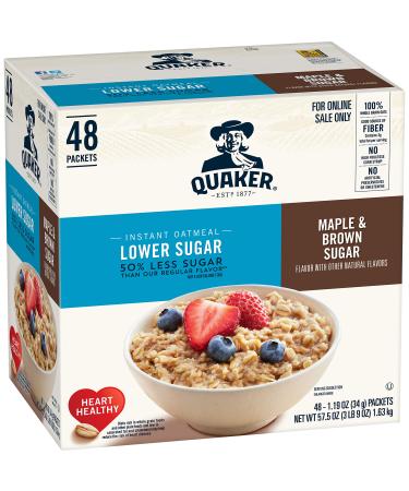 Quaker Instant Oatmeal, Lower Sugar Maple and Brown Sugar, Individual Packets, 1.19 Ounce (Pack of 48)