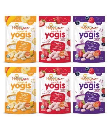 Happy Baby Organics Yogis Freeze-Dried Yogurt & Fruit Snacks, Variety Pack, 1 Ounce (Pack of 6) Variety Pack 1 Ounce (Pack of 6)