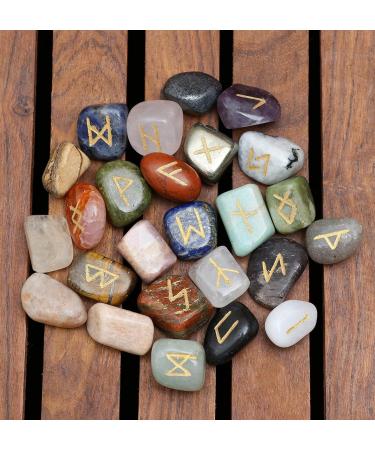 Chakra Elder Futhark Alphabet Engraved Rune Stones Set - 25 pcs | Spiritual Metaphysical Decor for Feng Shui, Reiki, Crystal Healing | 15-20 mm Size with Pouch - Buy Online on GoSupps.com