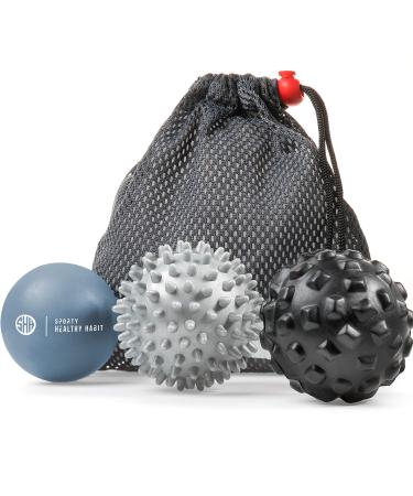 Massage Ball Set for Deep Tissue Massage, Muscle Recovery and Myofascial Release, Spiky Ball / Foam Ball Roller, Trigger Point Therapy, Free eBook (Black, Gray) Black, Dark Gray, Gray
