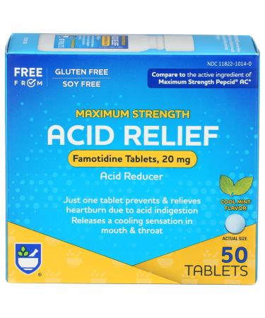 Rite Aid Acid Reducer Maximum Strength Famotidine Tablets 20 mg - 50 Count Total (Cool Mint) | Pills for Heartburn Relief | Acid Reflux