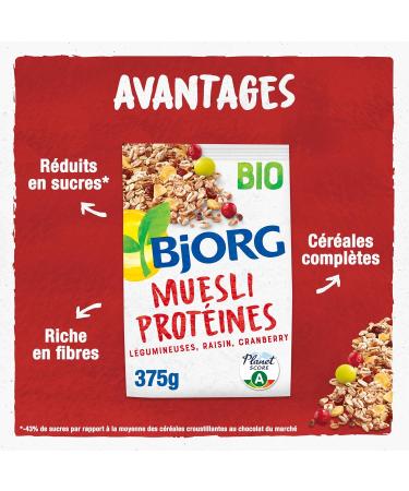 BJORG - Organic Protein Muesli - Legumes Raisin Cranberry - Reduced Sugar - High Fiber - 375g (Packaging may vary) - Buy Online on GoSupps.com