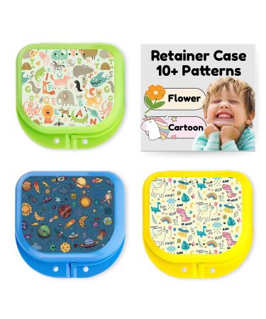 Retainer Cases Cute Retainer Holder Case 3 Pack Aligner Case with Funny Cartoon Night Guard Case with Animals Dinosaurs and Space Patterns (Green Yellow Blue)