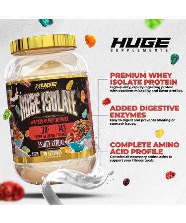 Huge Supplements Isolate Protein Powder - 30g Protein Per Serving Fast Digesting 14.5g Essential Amino Acids (30 Servings) (Fruity Cereal) - Buy Online on GoSupps.com