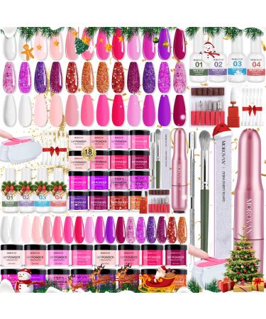 Morovan Dip Powder Nail Kit Starter-18 Colors Dip Powder Pure Glitter Nail Dipping Powder Set with Electric Nail Drill Machine Dipping Powder for Dip Nails Beginners DIY Set Pink Pure Glitter