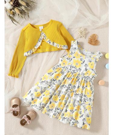 Puseky Toddler Girl Floral Print Sleeveless Dress and Ribbed Cardigan Set - 18-24 Months Yellow - Buy Online on GoSupps.com