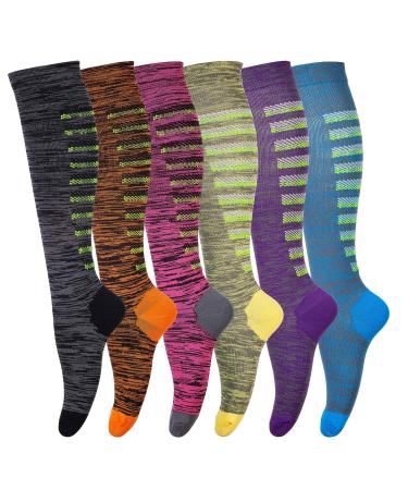 Compression Socks for Men & Women (6Pair) Non-Slip Long Tube Ideal for Running Nursing Circulation & Recovery Boost Stamina Hiking Travel & Flight Socks 20-30 mmHg L-XL Fluorescent