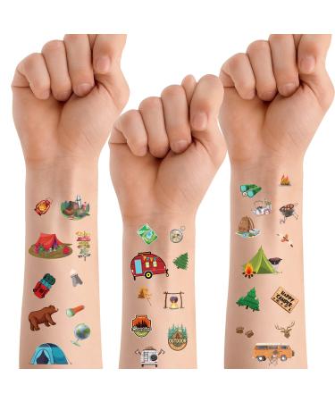 PANTIDE 100Pcs Camping Temporary Tattoos for Kids Fake Tattoos Stickers Waterproof Non-toxic Cartoon Body Stickers with Animals Cars Tents Happy Camper Theme Party Favors Supplies Birthday Gifts
