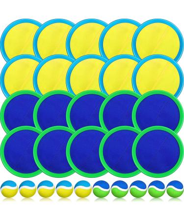 Kids Toys Toss and Catch Game Set 20 Paddles 10 Balls Beach Game Outdoor Ball Sports Games Catch Ball Set with Paddles Ball Nylon Catch Toys for Kids Adult Playground (Blue Green and Pink Yellow Blue)