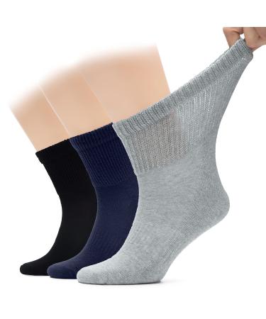 Hugh Ugoli Men's Cotton Diabetic Ankle Socks, Wide, Loose and Stretchy, Seamless Toe & Non Binding Top, Semi Cushion, 3 Pairs 11-13 Black/Navy Blue/Light Grey