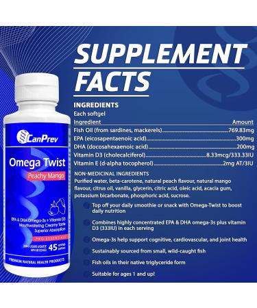 CanPrev Omega Twist - Peachy Mango 225ml - Superior absorption Enriched with DHA & EPA Omega-3 Fatty Acids -Supports Overall Wellness - Buy Online on GoSupps.com