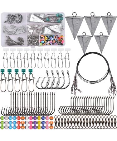 AGOOL Saltwater Surf Fishing Tackle Kit - 130pcs Surf Fishing Rigs Fish Finder Rig Live Bait Rigs Fishing Wire Leaders Pyramid Sinker Weights Sinker Slider Fishing Hooks Saltwater Fishing Accessories