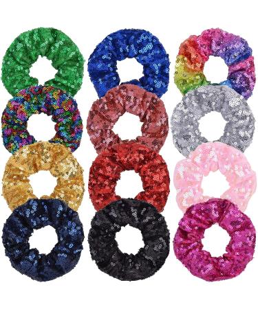 12 Pcs Sequin Scrunchies Sparkly Elastics Ponytail Holders Cheer Scrunchies for Show Gym Dance Party Club Girl Women