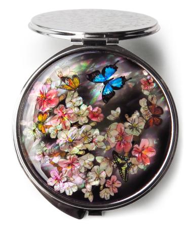 MADDesign Mother of Pearl Makeup Compact Mirror Dual Folding Magnify Apricot Flower Butterfly