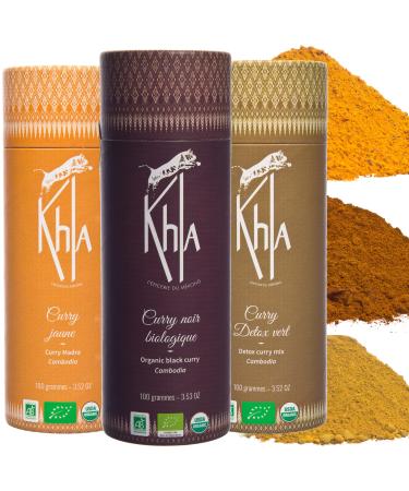 Khla - Organic Curry Trio Box - Yellow Curry, Black Curry & Detox Green Curry - Powder Tubes 3x 100g - Gift Idea Box -