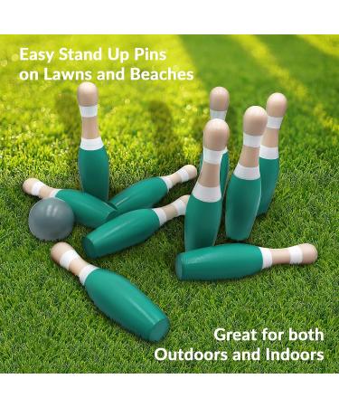 Sterling Sports Wooden Lawn Bowling Set - 9 Skittles, Carrying Bag - Indoor/Outdoor Game - Green/Turquoise and Gray - Buy Online on GoSupps.com