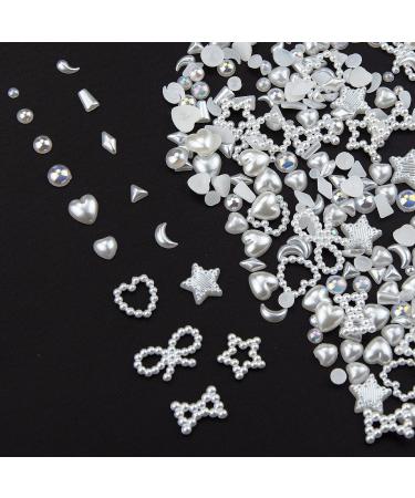 600Pcs 3D White Pearls Nail Charms Multi Shapes Heart Star Bowknot Round Pearls Nail Beads Charms Acrylic ABS Hollow Pearls Heart Nail Charms for Manicure DIY Crafts Jewelry Accessories S3-white