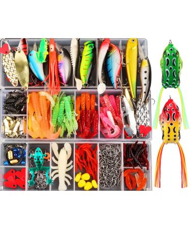 375pcs Fishing Lures for Freshwater, Fishing Tackle Box 2 Big Frogs Grasshopper Lifelike Fish Baits Plastic Worms, Artificial Fishing Baits for Bass Trout Salmon, Best Fishing Gifts for Men Kids yellow