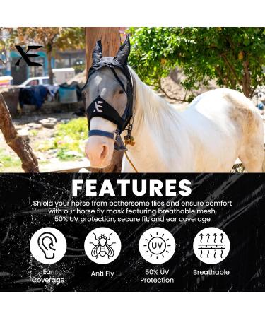Buy Xe Horse Fly Mask with Ears - Breathable UV Protection for Horses | Standard Riding Black | Full (L) Size - Buy Online on GoSupps.com