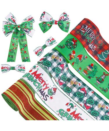 Christmas Ribbon Wired 2.5 Inch x 25Yards(5 Roll x 5 Yards) Grinchs Ribbon for Wreaths Bows DIY Christmas Ribbon with Wire for Gift Wrapping Crafts DIY Grinchs Christmas Decorations Holiday Decor