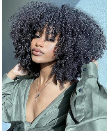 RunM Short Curly Afro Wig With Bangs for Black Women Kinky Curly Hair Wig Afro Synthetic Full Wigs(Black)