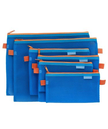 Mesh Zipper Pouch, 6 PCS 3 Sizes, A4 A5 A6 Zipper Bags Clear Zipper Pouch Small Organizer Bag Zipper Folder Bag Cosmetic Bags Travel Storage Bag Color Blue Blue-6PCS