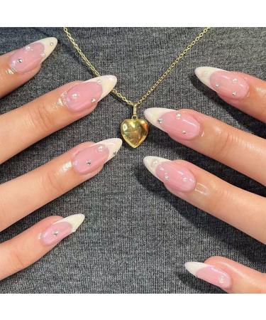 24Pcs Wearable Fake Nails Pink Gradient Glitter Butterfly Rhinestones Full Cover Acrylic Nail Tips with Press Glue Detachable LT-57