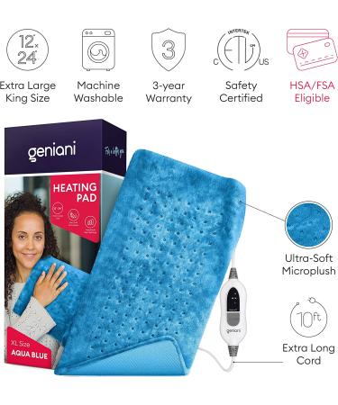 GENIANI XL Electric Heating Pad - Back Pain & Cramps Relief - Auto Shut Off - Moist & Dry Therapy - Aqua Blue - Buy Online on GoSupps.com