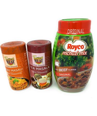Bundle of 3 Aromatic & Flavored Spices: Tropical Heat Pilau Masala, Royco Spicy Beef Flavor, Kenyan Tea Masala - Enhance Your Foods & Teas with Extra Taste and Aroma - Buy Online on GoSupps.com