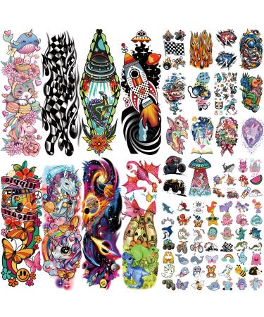 52 Sheets Kids Full Arm Temporary Tattoo  Fake Arm Tattoos Planet Astronaut Spaceship Rocket Dolphin Car Dinosaur Tattoo for Boy  Unicorn Castle Bunny Butterfly Cat Long lasting Tiny Tattoos for Girl