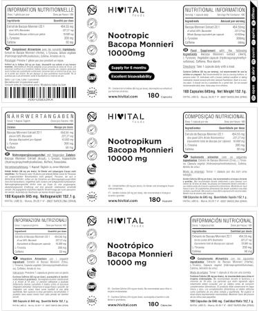 Nootropic Bacopa Monnieri 10000 mg 180 capsules for 6 months. Natural Nootropic that increases memory concentration energy and mental agility as well as performance. With caffeine - Buy Online on GoSupps.com