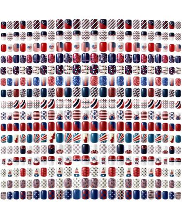 384 Pieces 16 Pack 4th of July Press On Nails Patriotic Press On Nails Short Independence Day Nails Red White and Blue American Flag Nails Square False Nails Full Cover Coffin for Women Girls Retro Flag Pattern