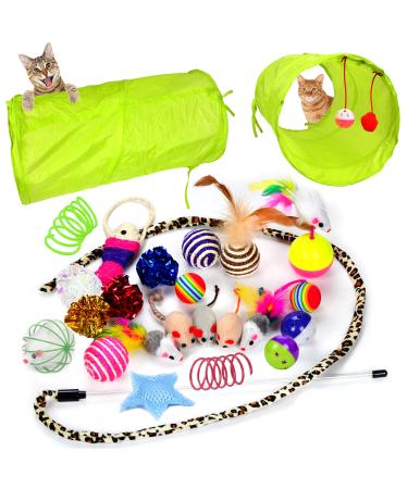 Youngever 24 Cat Toys Kitten Toys Assortments, Tunnel, Interactive Cat Teaser, Fluffy Mouse, Crinkle Balls for Cat, Kitty, Kitten Multicolor