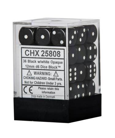 Black with White Dice Block, 12mm D6, Pack of 36