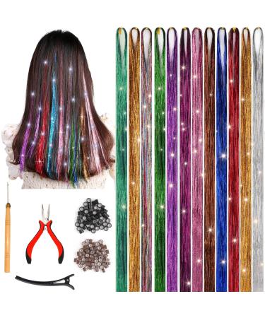 12 Colours of 47 Inches Hair Tinsel with 240 Strands each Tinsel with Tools Girls Shinning Glitter Colored Hair with Full Kit Tinsel Festival Hairs for women Colourful Fairy Tinsel Hair Extensions
