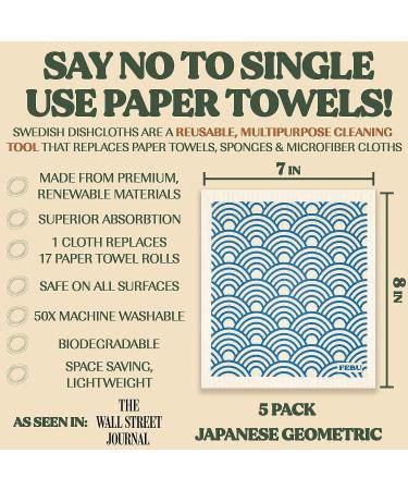 FEBU Swedish Dishcloths 5 Pack Blue GeometricKitchen Towels | Reusable Cellulose Sponge Cloths | Non Scratch Paper Towels | Biodegradable Dish Rags - 5 Count - Buy Online on GoSupps.com