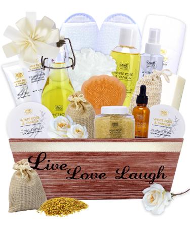 Dead Sea Mineral Vanilla & White Rose Spa Gift Basket. Holiday Gifts for Her - Pampering Relaxation Spa Bubble Bath Gift Set Made with Natural Organic Ingredients. Lotion Gift Set for Women & Men.
