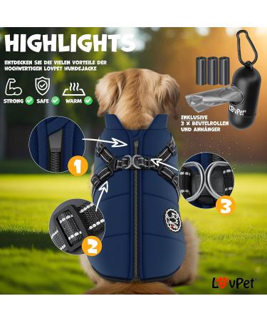 Lovpet 3XL Dog Jacket - Waterproof Winter Vest with Feces Bags Chest Strap & Reflectors | Padded Dog Coat in Navy Blue for Large Dogs - Buy Online on GoSupps.com