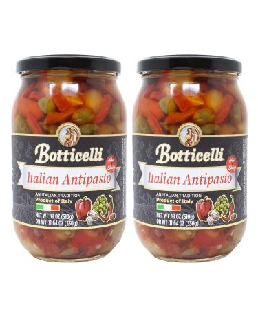 Hot Antipasto by Botticelli, 18oz Jars (Pack of 2) - Premium Spicy Italian Appetizer - Gluten-Free - Olives, Artichokes, Mushrooms, Red Hot Peppers, and Olive Oil 1.13 Pound (Pack of 2)