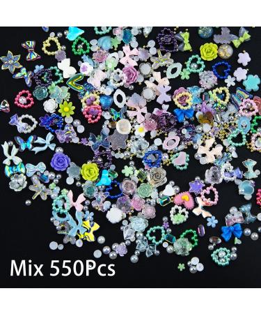 550Pcs 3D Assorted Mix Color Nail Charms Multi Shapes Flatback Heart Flower Butterfly Nail Rhinestones Charms Mix Gold Silver White Pearl Round Beads for Manicure DIY Crafts Jewelry Accessories S6-mix1